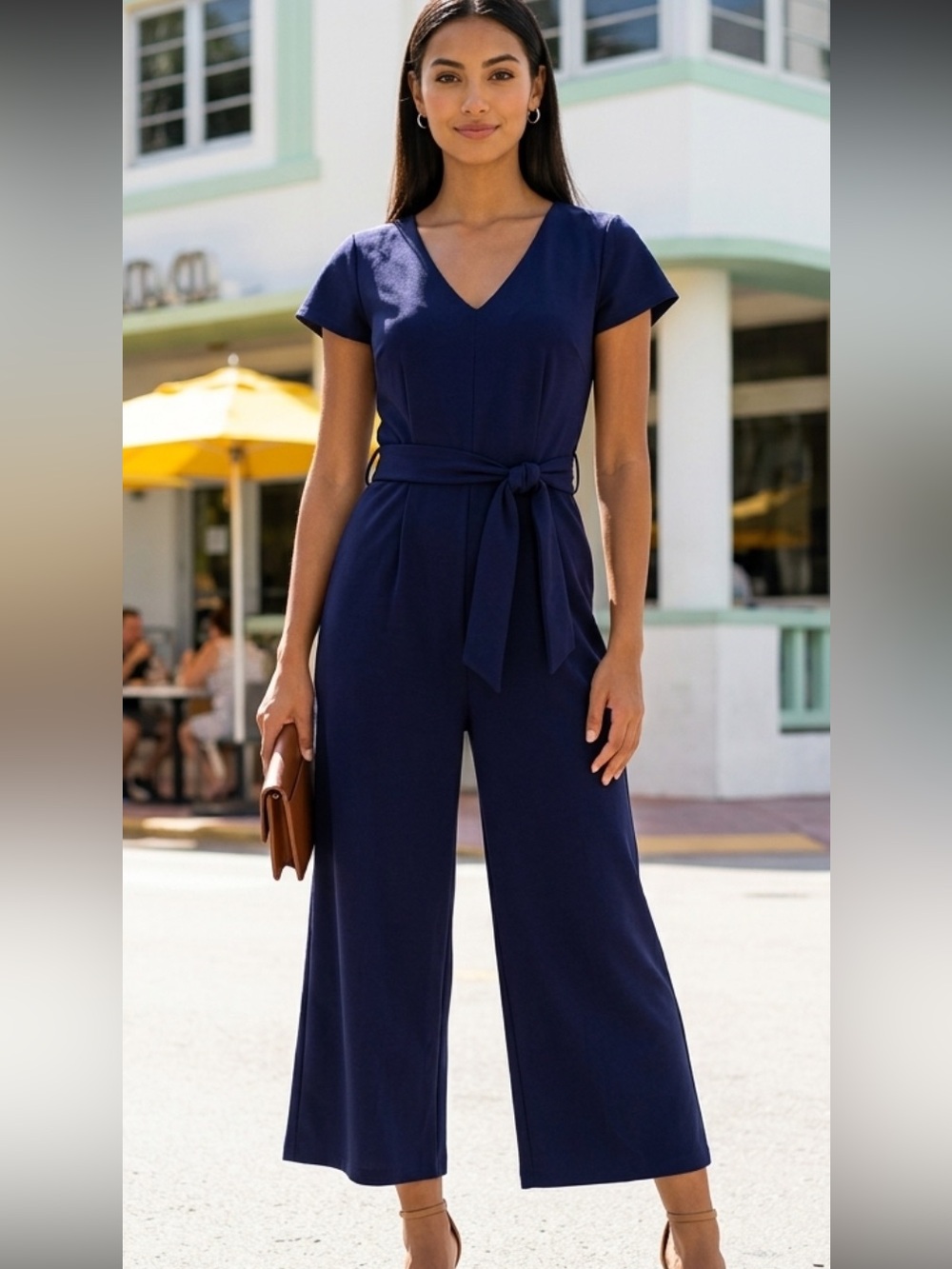 Navy blue belted wide leg jumpsuit V-neck by Connected apparel EUC size 12